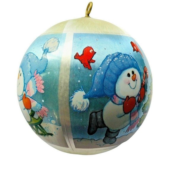 Vintage 1980 Hallmark Grandson Satin Ornament Snowman Tree Raccoons Skating Sled - Picture 3 of 8